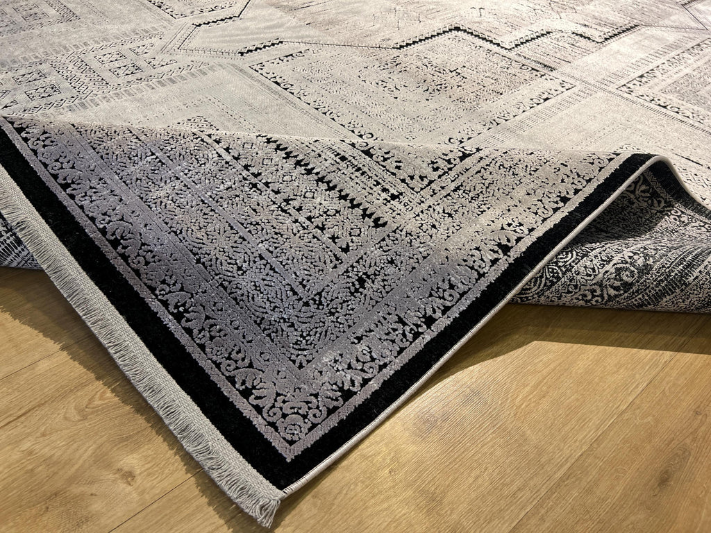8x11 ft Gray Geometric Bamboo Rug with Ethnic Patterns, Modern Natural Carpet