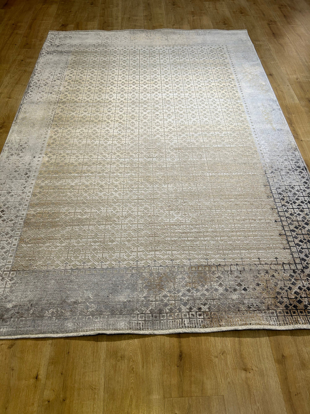 Gray Gold Geometric Bamboo Rug with Ethnic Modern Patterns
