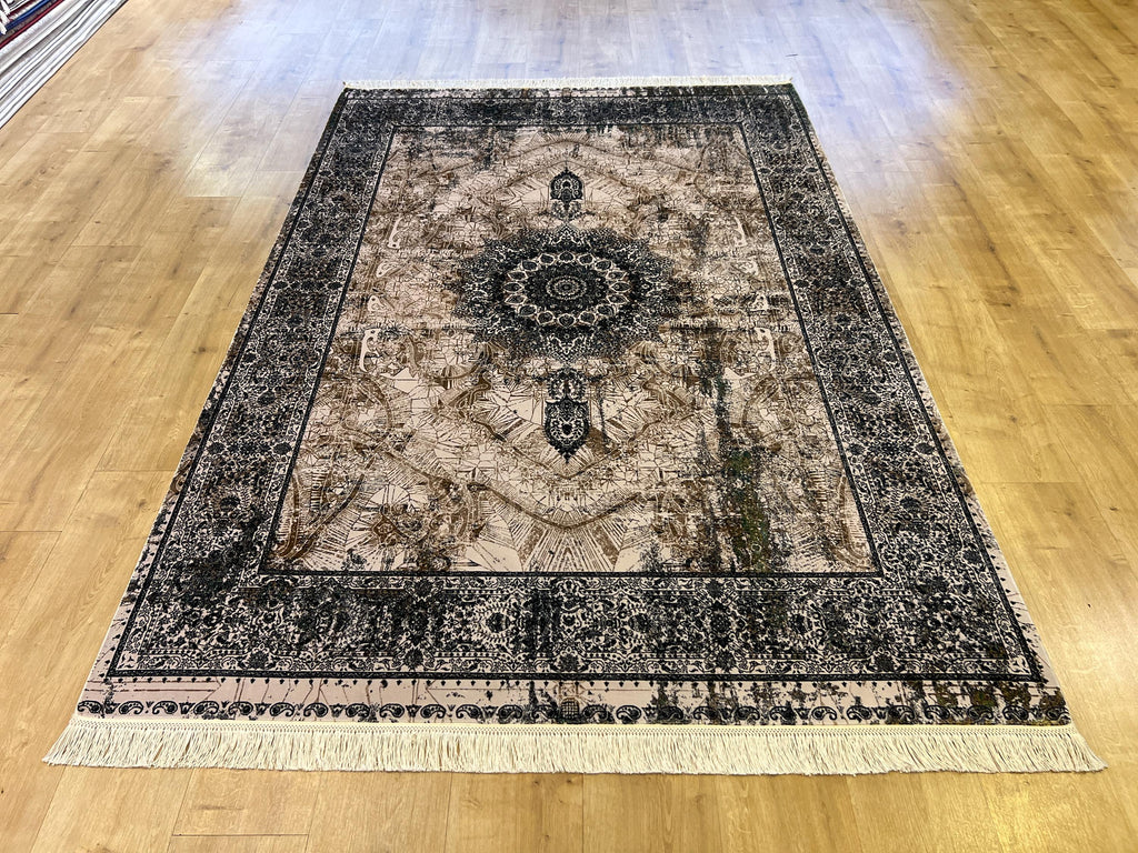Cream Silk Rug, Grey Border Antique Medallion Classic Design