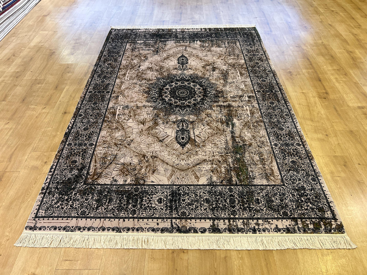Cream Silk Rug, Grey Border Antique Medallion Classic Design