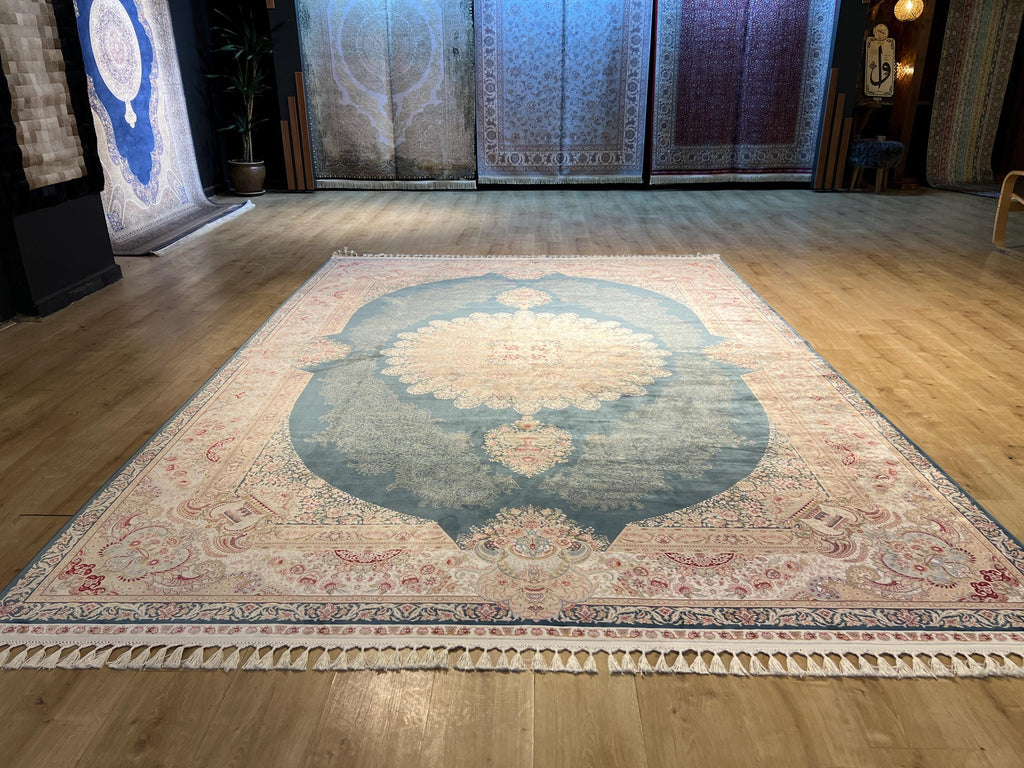Blue Beige Silk Palace Rug, 8x11 ft, Traditional Turkish Carpet