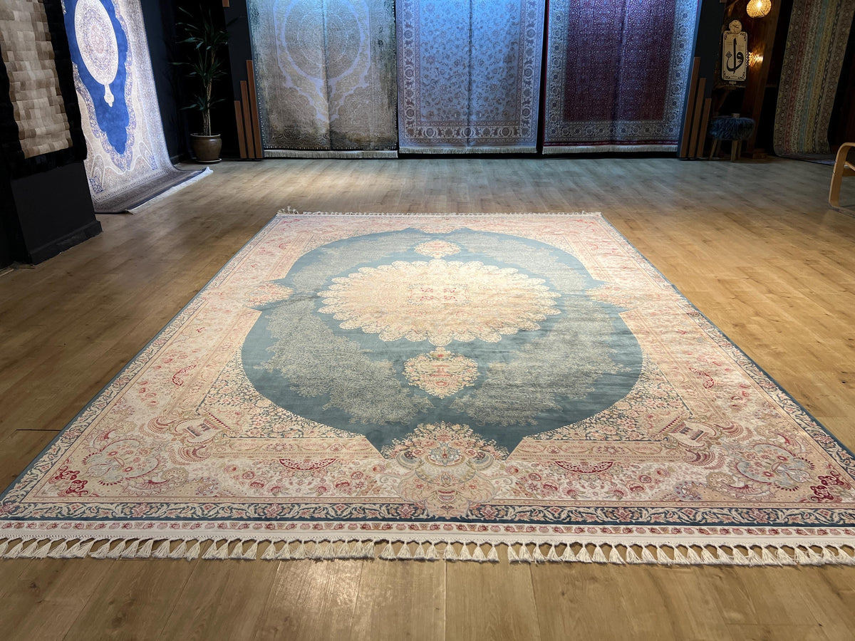 Blue Beige Silk Palace Rug, 8x11 ft, Traditional Turkish Carpet