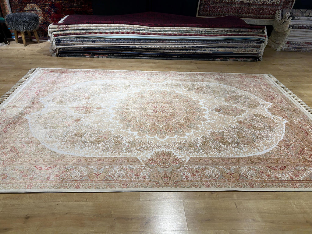 7x10 Ivory Silk Rug, Green Gold Floral Silk Carpet, Classic Medallion Design