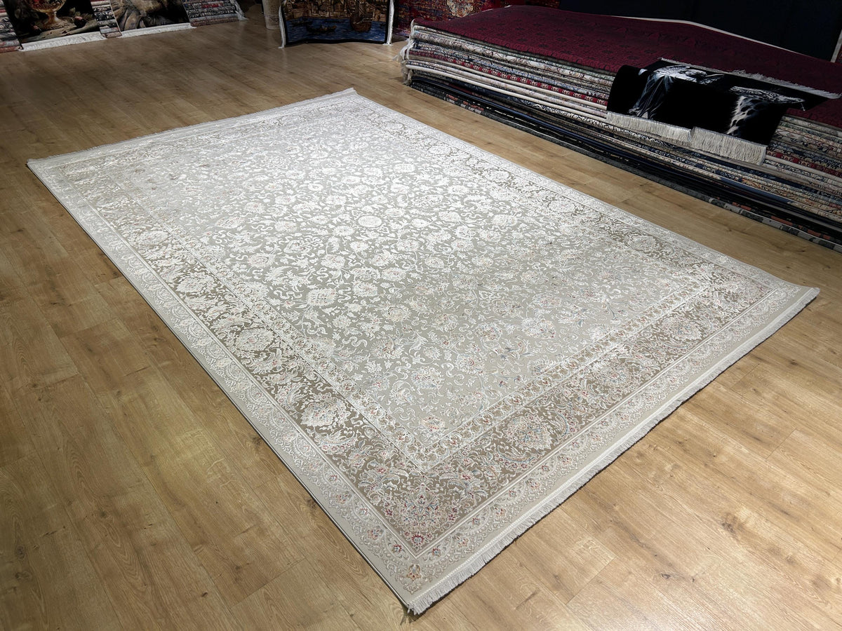 Beige Silk Rug, Classic Silk Carpet with Floral Pattern