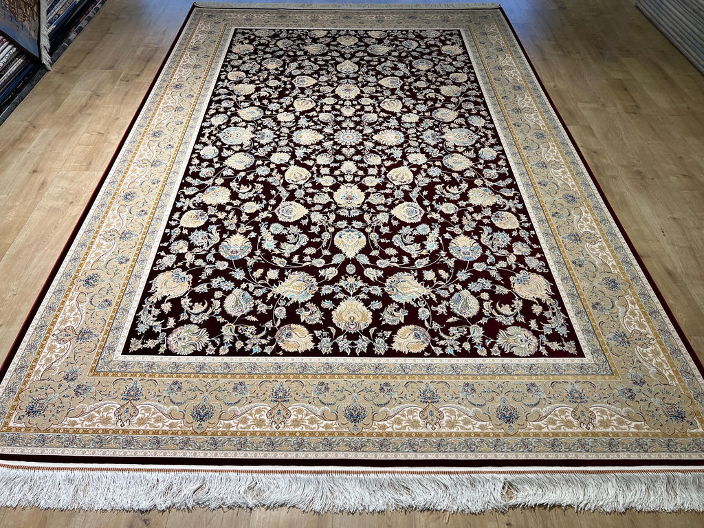 7x10ft Red Floral Silk Rug, Traditional Bordered Rug, Luxury Home Decor