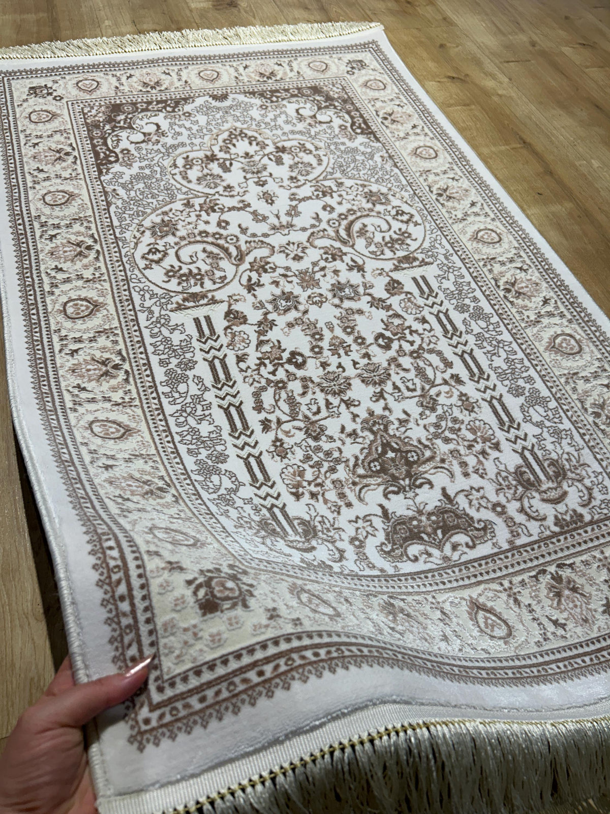 2.55x4.10 Ft Ivory Beige Brown Silk Prayer Rug, Muslim Gift Prayer Mat