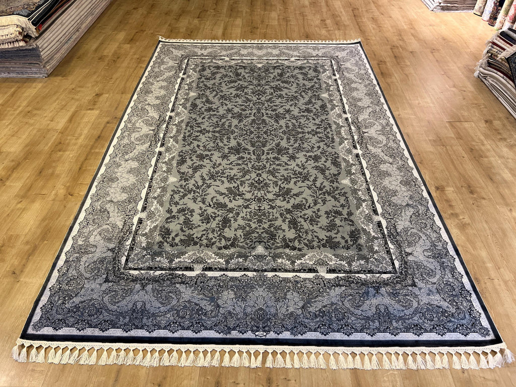 Gray Floral Pattern Luxury Silk Area Rug with Border, Luxury Home Deor