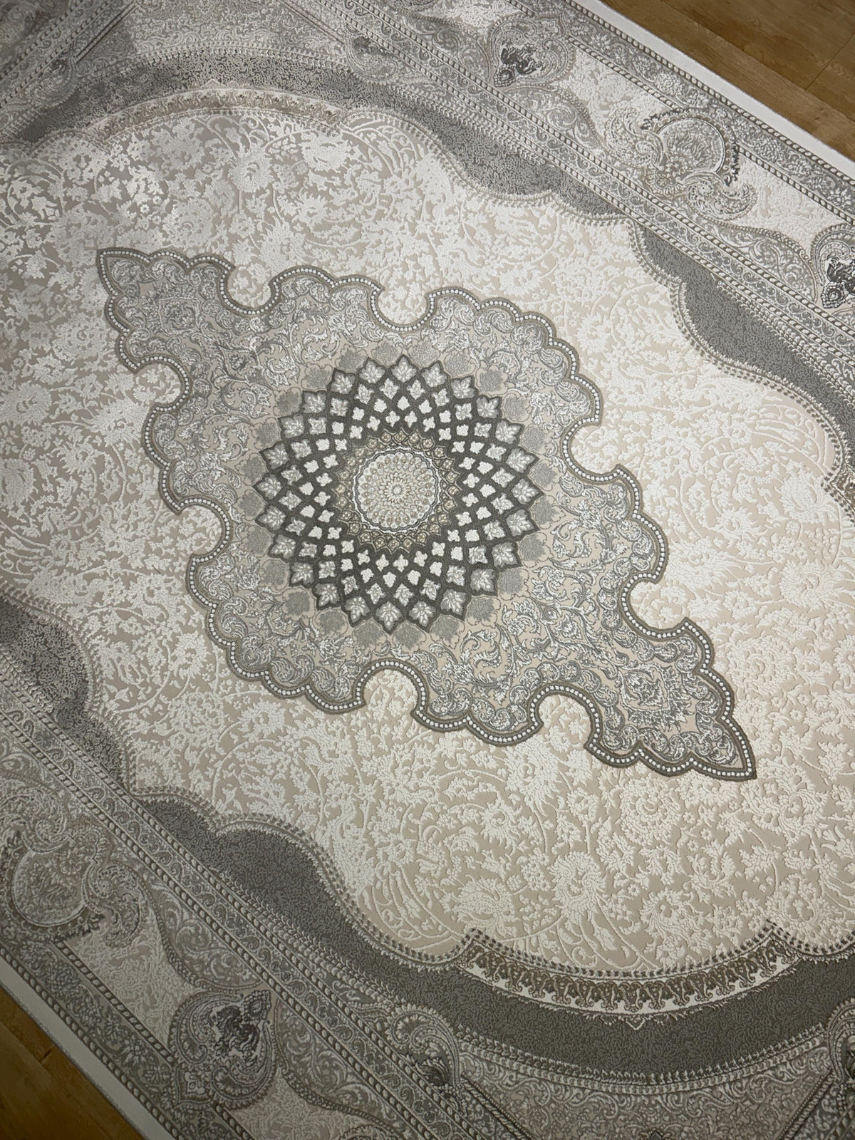 Gray Ivory Bamboo Rug, Classic Medallion Design Bamboo Carpet, Turkish Style Home Decor