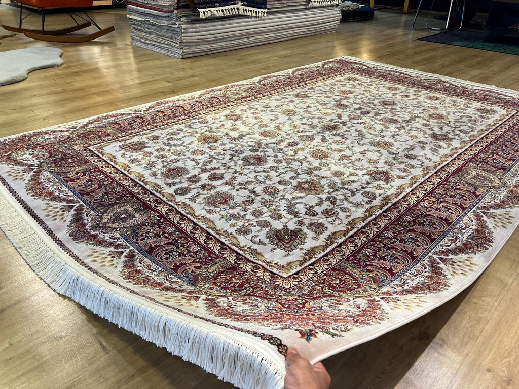 7x10 ft Ivory Silk Rug, Gold Floral and Red Border Silk Carpet, Classic Design
