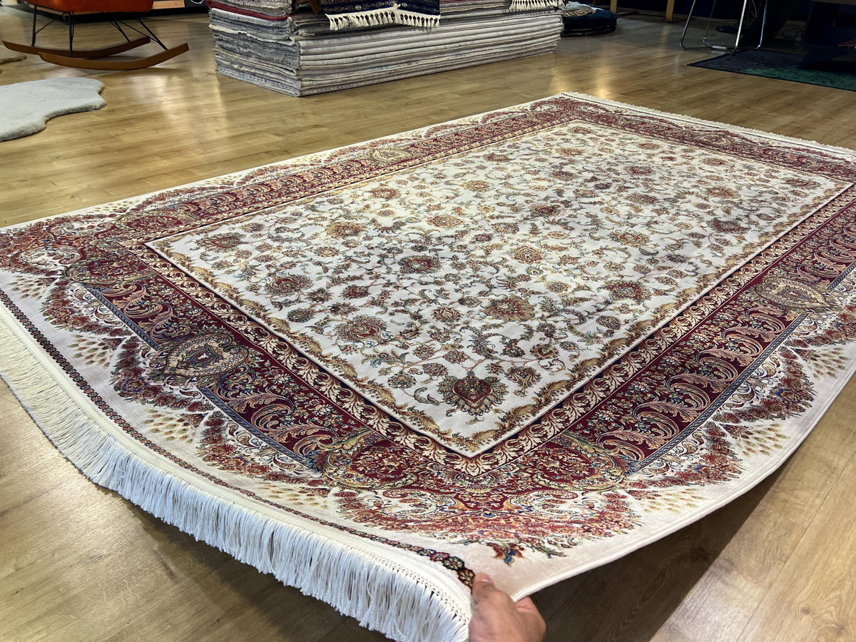 7x10 ft Ivory Silk Rug, Gold Floral and Red Border Silk Carpet, Classic Design