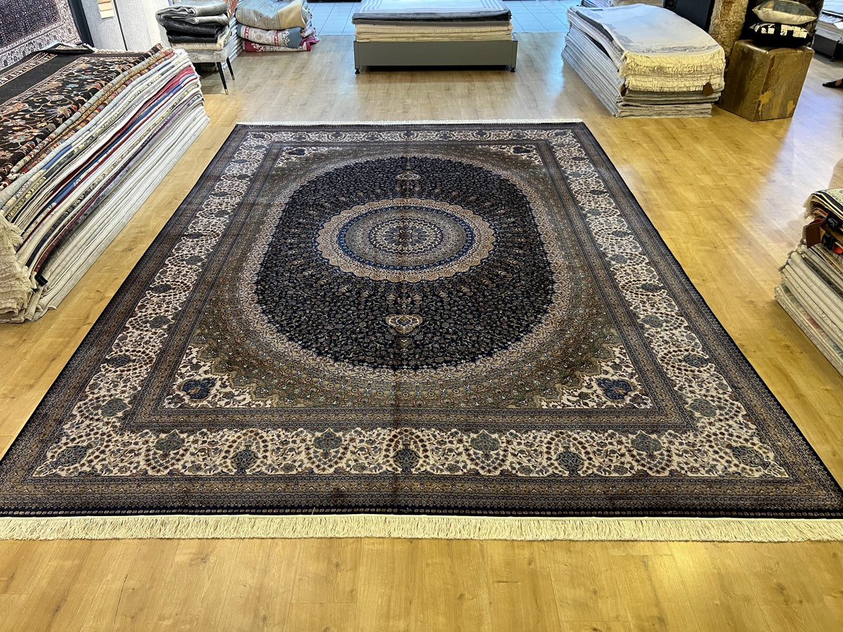 Bamboo Silk Navy Blue Rug 10x13 ft, Luxury Large Rug with Classic Medallion Design
