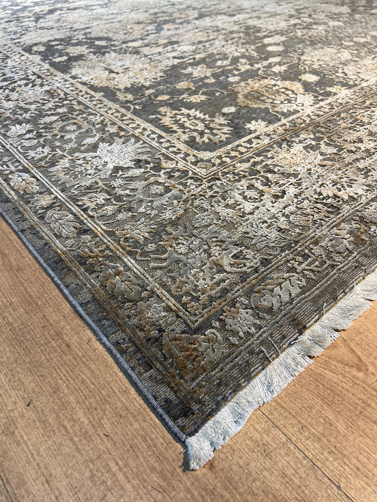Brown Gray Bamboo Rug with Antique Distressed Floral Pattern
