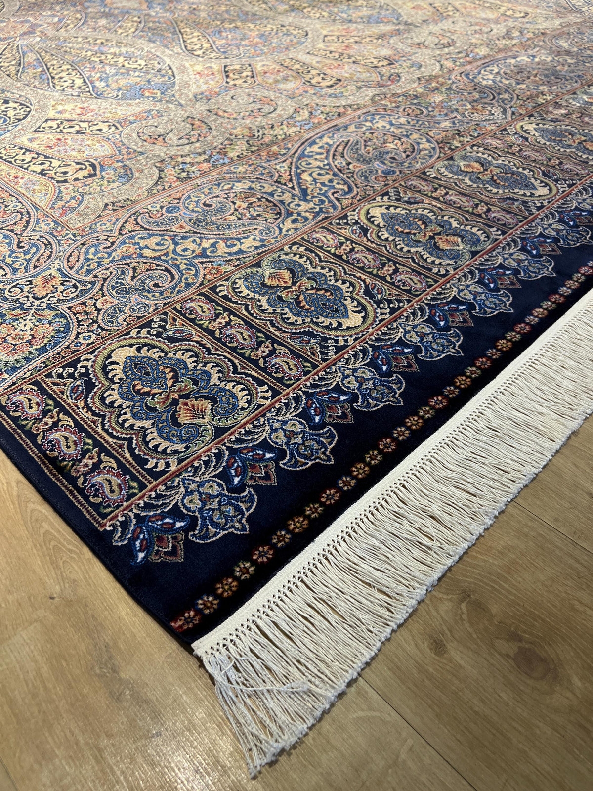 7x10 ft Blue Gold Silk Rug, Classic Turkish Carpet, Luxury Floral Design, Area Rug