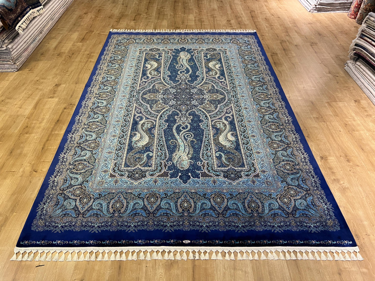 Modal Silk Rug, Dark Blue Gold Medallion Design, Luxury Turkish Carpet, Home Decor