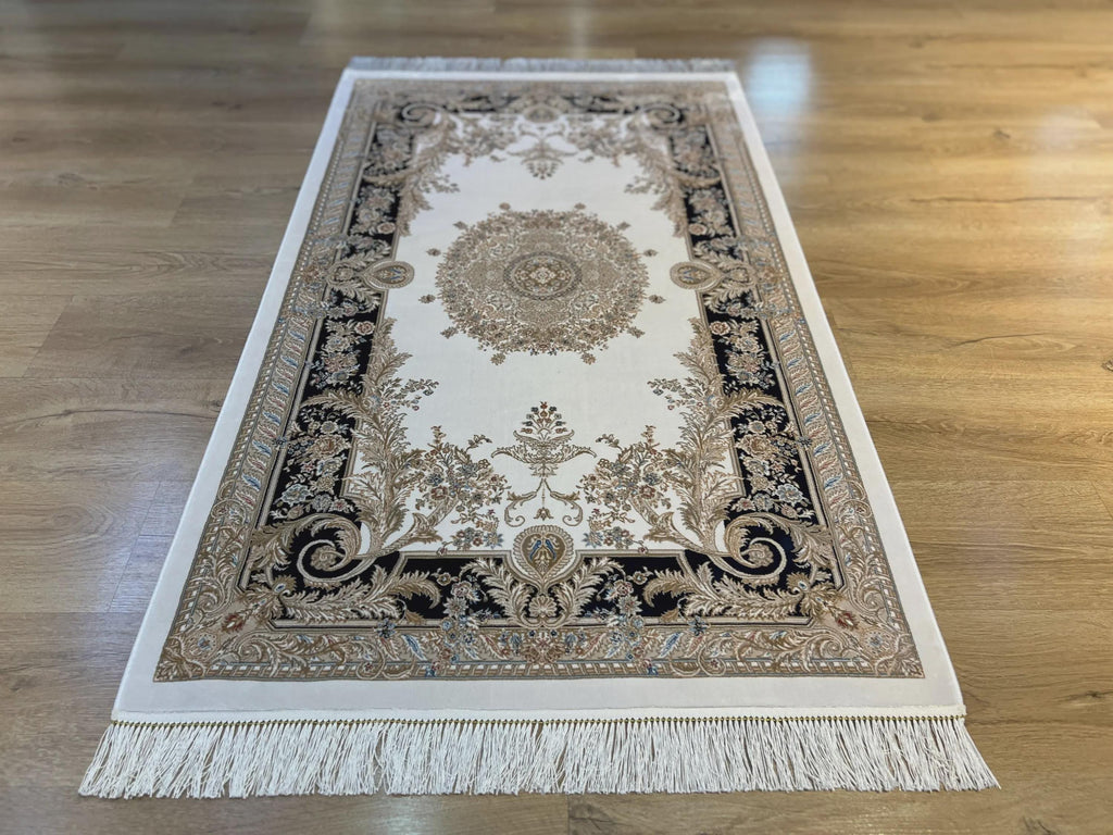3x5 ft Ivory Silk Rug with Navy Blue Border Gold Medallion, Classic Turkish Rug