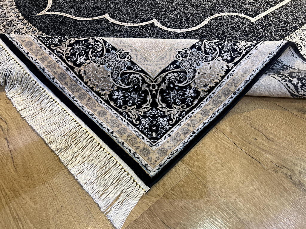 7x10 ft Black Silk Bamboo Rug with Medallion, Luxury Classic Design