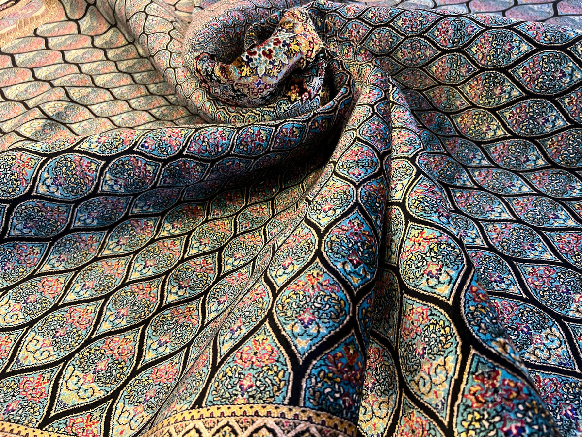 Blue Black Silk Rug, Medallion Peacock Tail Design Rug, Traditional Pattern Carpet
