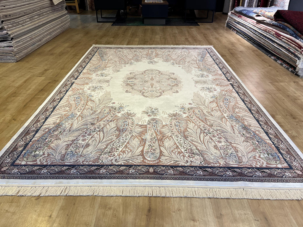 7x10 ft Luxury Cream Silk Rug, Brown Medallion Classic Design, Oversize Rug