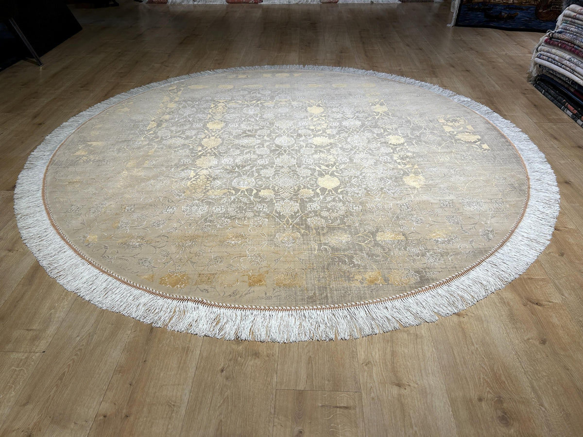 7x7 Ft Beige Gold Silk Rug, Distressed Floral Pattern Carpet