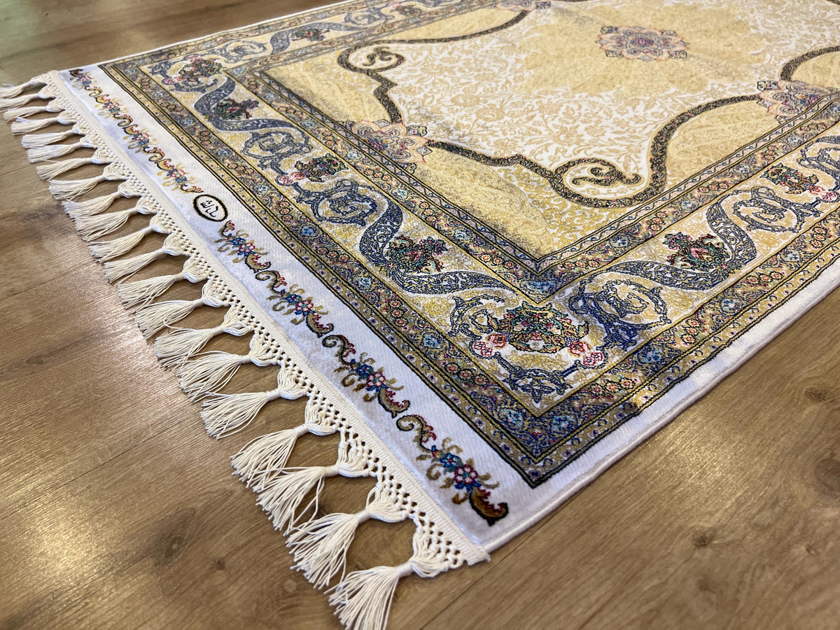 Ivory Silk Rug with Gold Medallion Pattern, Small Silk Carpet