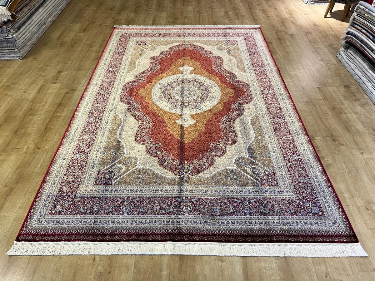 7x10 ft Red Modal Silk Rug, Ornate Medallion Floral Pattern, Luxury Turkish Large Carpet