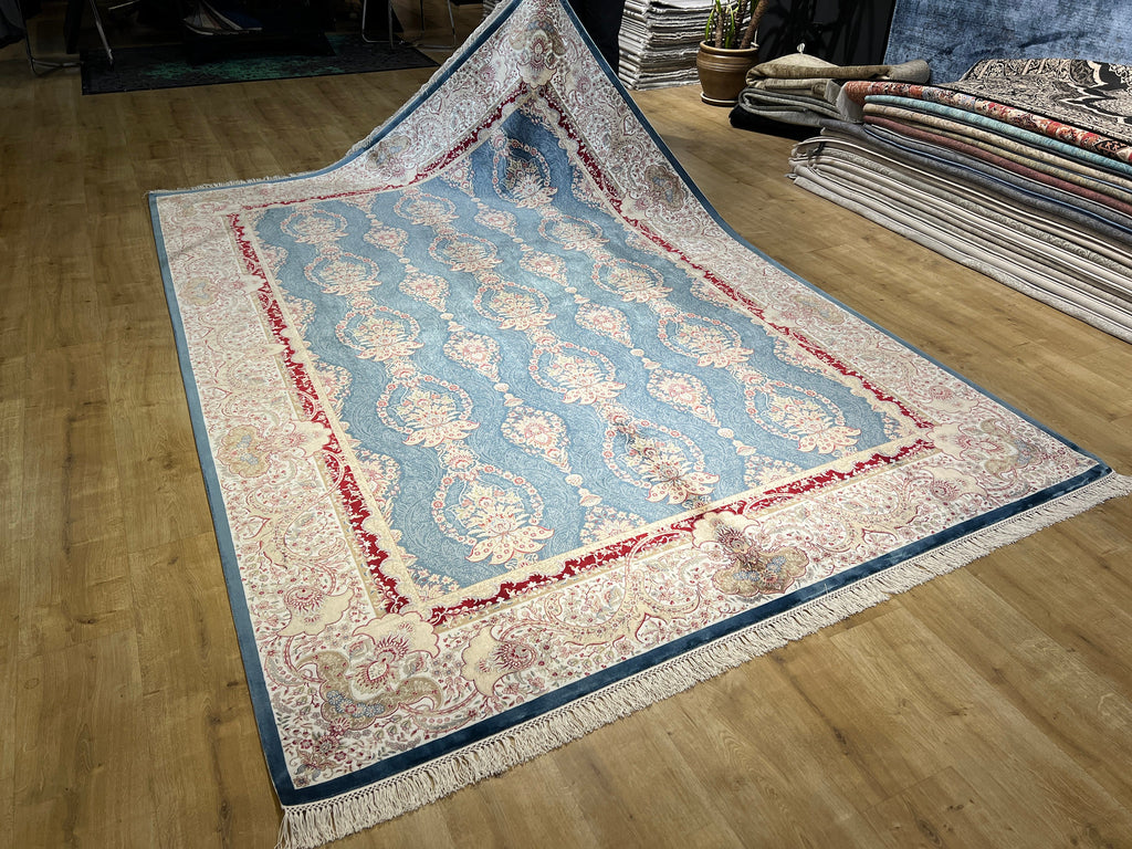 7x10 ft Blue Gold Silk Rug, Framed Classic Design, Turkish Style Carpet
