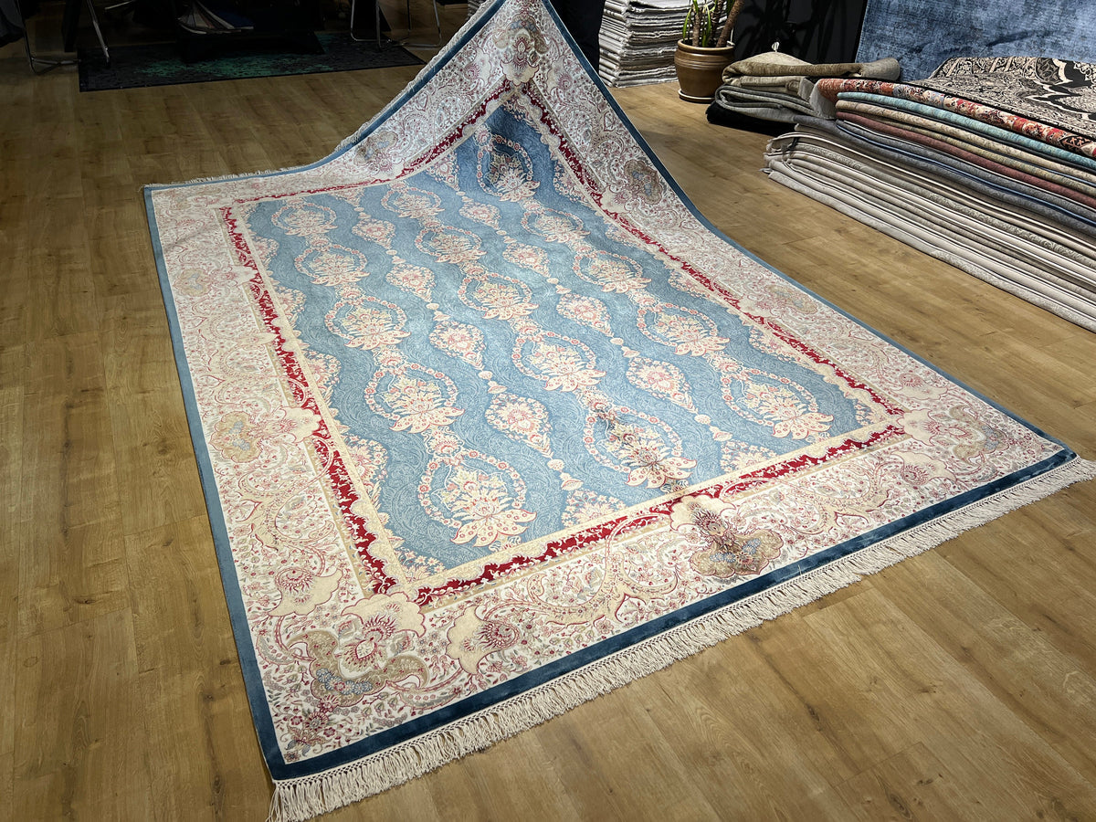 7x10 ft Blue Gold Silk Rug, Framed Classic Design, Turkish Style Carpet