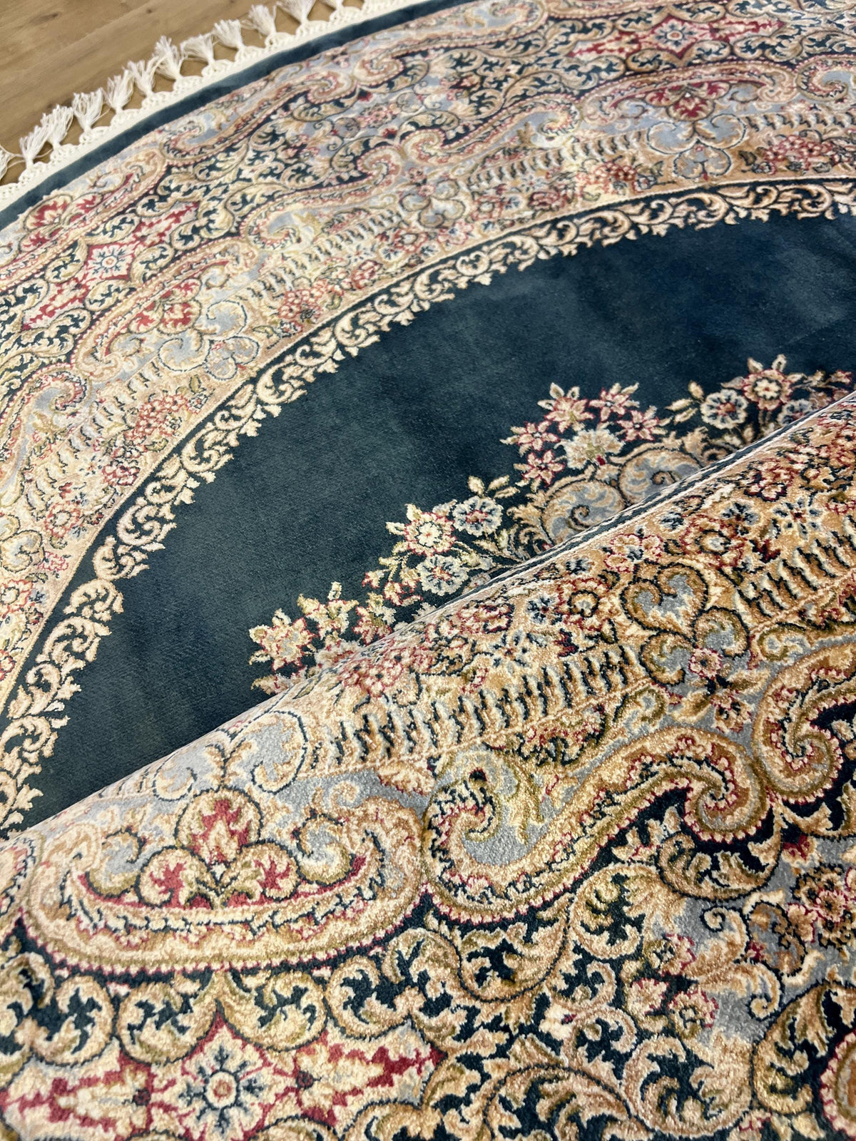 Blue Round Silk Rug, Medallion Design Turkish Carpet