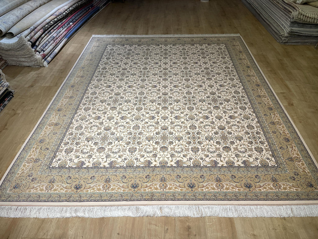 8x10 Ft Cream Modal Silk Rug, Beige Border Floral Design, Classic Elegant Large Rug
