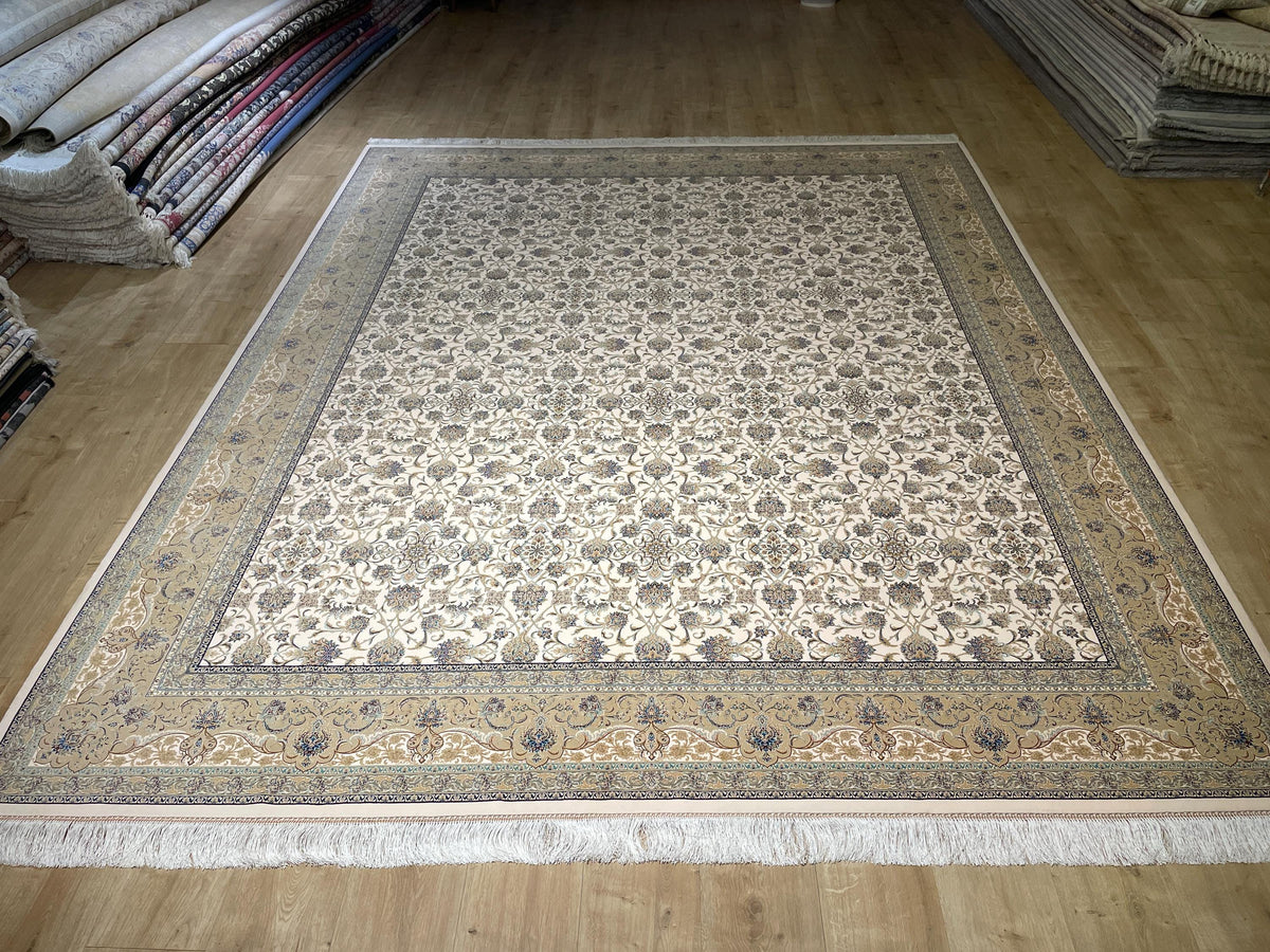 8x10 Ft Cream Modal Silk Rug, Beige Border Floral Design, Classic Elegant Large Rug
