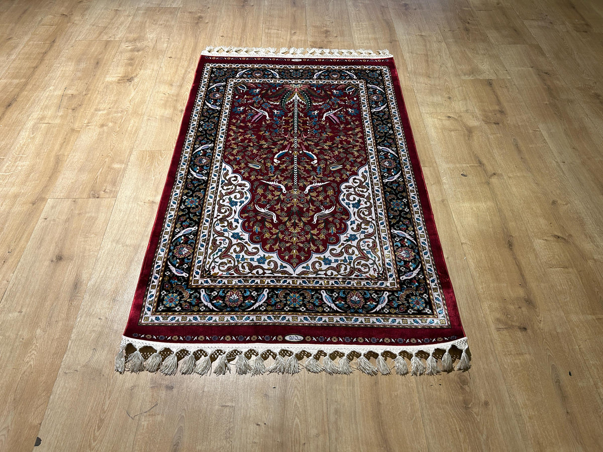 2.62x4.10 ft Red Silk Prayer Rug With Black Border, Floral and Bird Design Mat