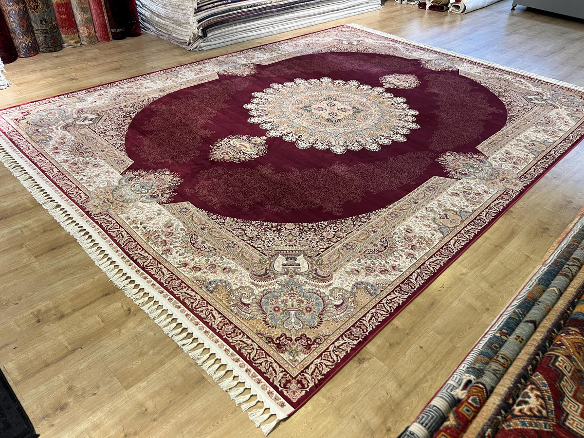 Red Bamboo Silk Rug 10x13 ft, Large Luxury Area Rug with Medallion Design