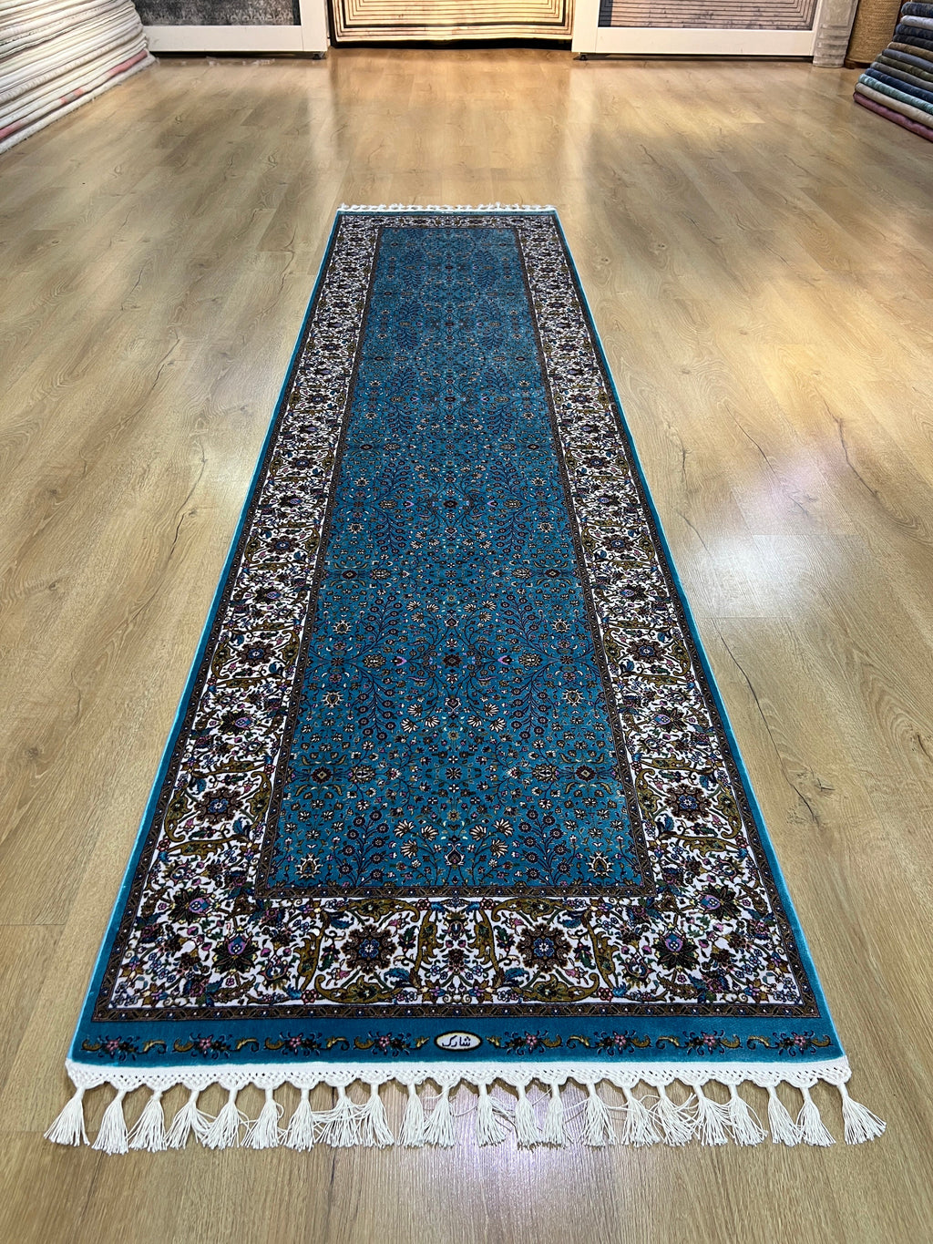 Blue Beige Modal Silk Rug, Turkish Carpet 3x10 ft, Luxury Home Decor