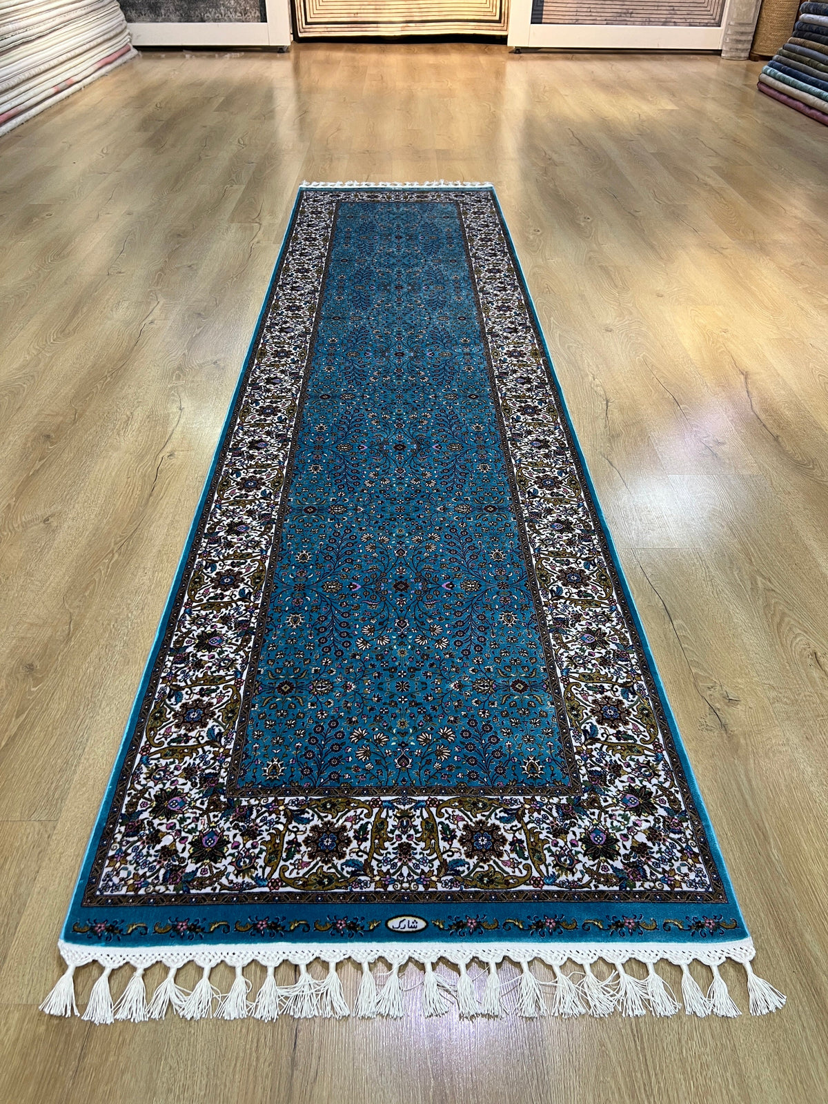 Blue Beige Modal Silk Rug, Turkish Carpet 3x10 ft, Luxury Home Decor