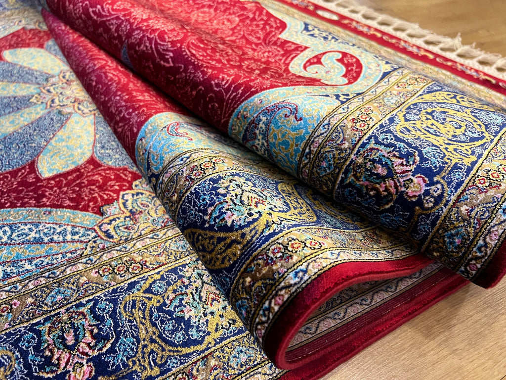 3x10 ft Red Silk Runner Rug, Blue Medallion, Classic Luxury Hallway Rug