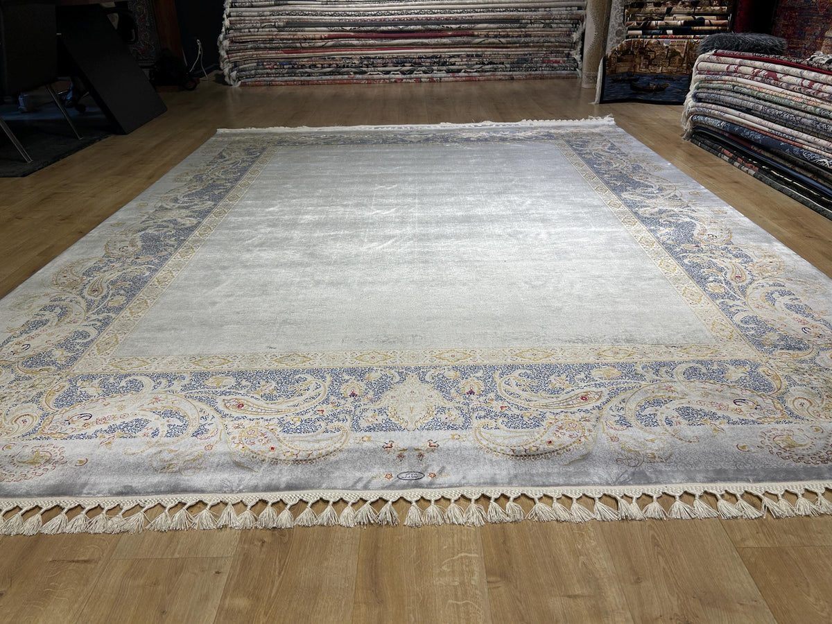 8x10 ft Gray Silk Rug,  Gray  Gold Border Design Turkish Carpet, Luxury Home Decor