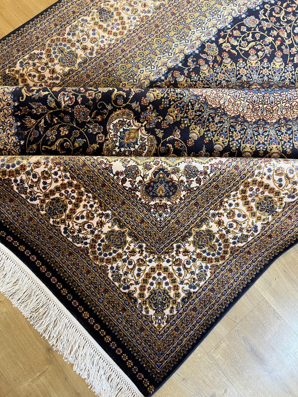 5x8 Ft Dark Navy Blue Medallion Silk Bamboo Area Rug, Classic Turkish Silk Carpet