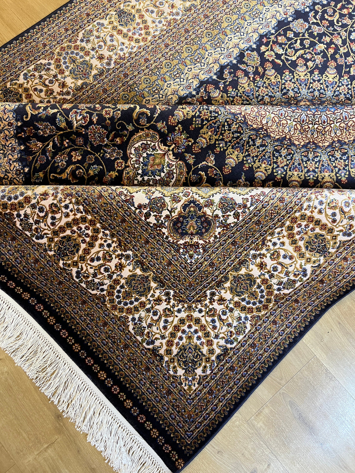 5x8 Ft Dark Navy Blue Medallion Silk Bamboo Area Rug, Classic Turkish Silk Carpet