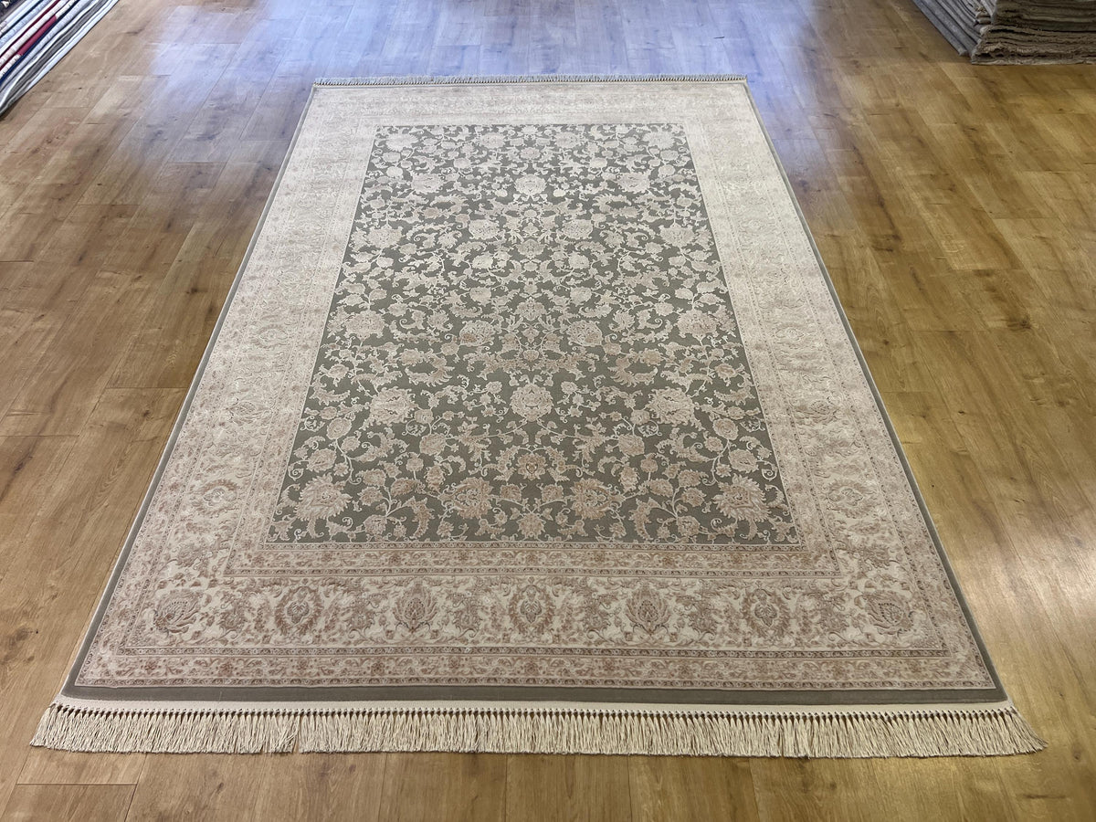 5x8 Ft Gray Bamboo Rug with Cream Border and Beige Pattern