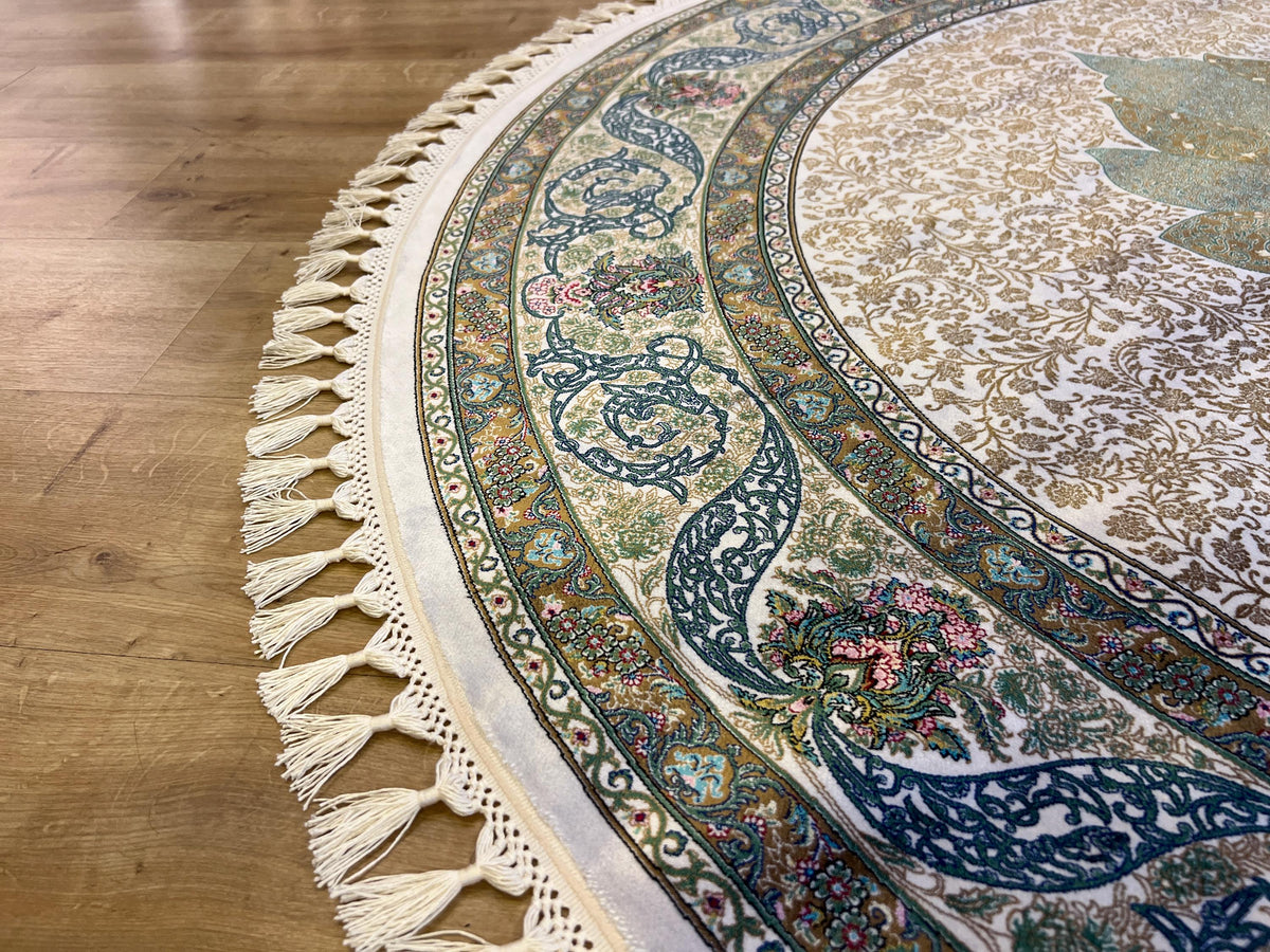 Floral Silk Circle Rug, Green Blue Gold, Turkish Carpet (5.24 ft)