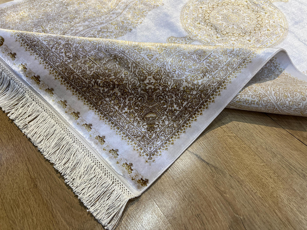 Ivory Silk Rug with Gold Pattern and Medallion, 3x5 ft, Classic Luxury Small Rug