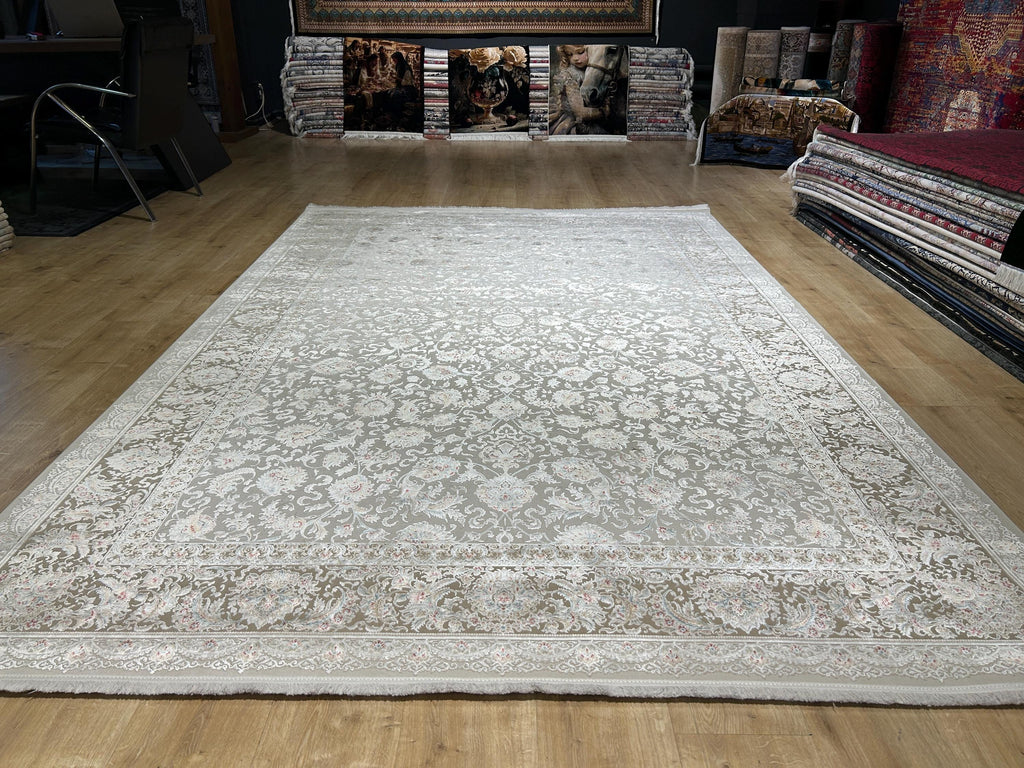 Beige Silk Rug, Classic Silk Carpet with Floral Pattern