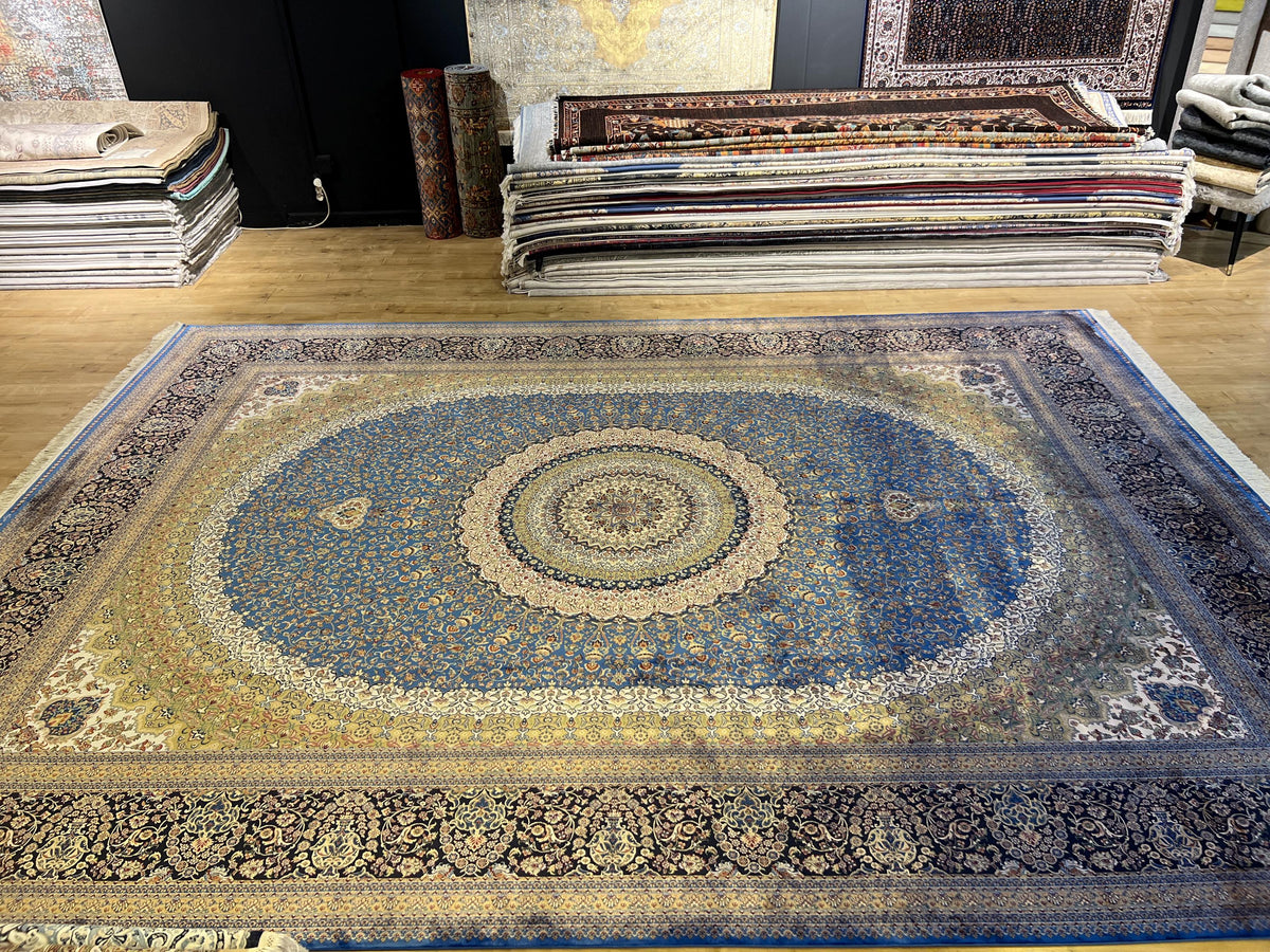 Bamboo Silk Rug 10x13 ft, Large Luxury Area Rug with Blue Medallion Design