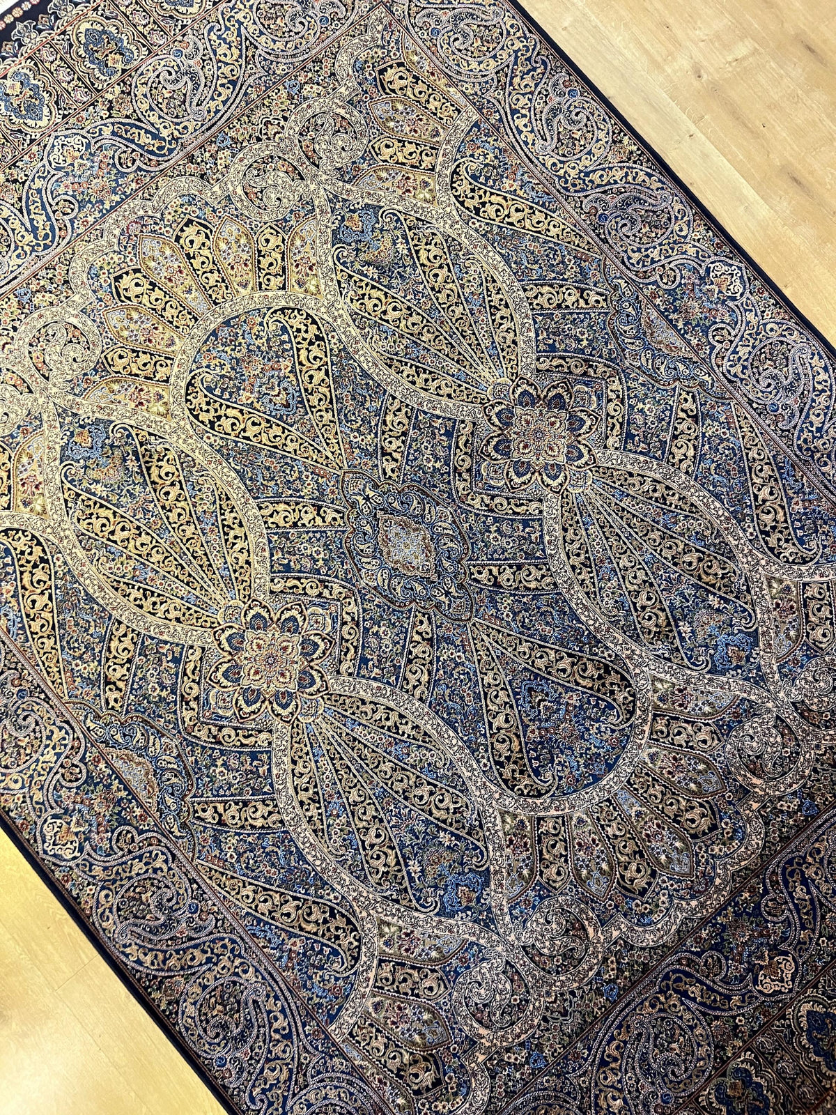 5x8 ft Blue Gold Silk Rug, Classic Turkish Carpet, Luxury Floral Design, Area Rug