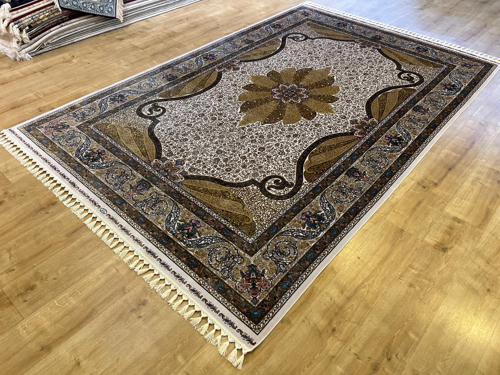 Cream Silk Rug with Gold Medallion Classic Design