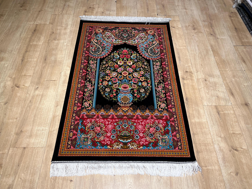 Black Small Silk Rug, Vase Pattern Wall Decor Mat, Floral Tapestry