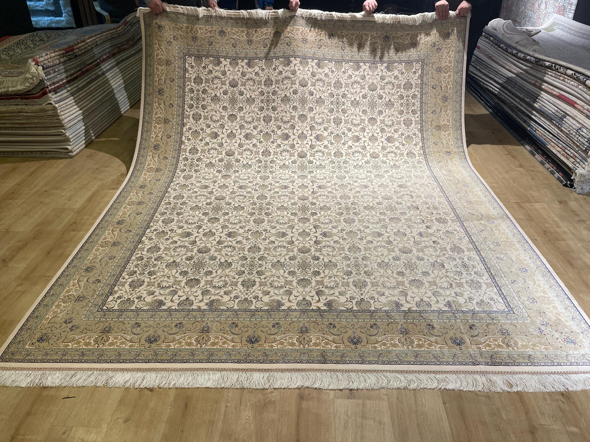 8x10 Ft Cream Modal Silk Rug, Beige Border Floral Design, Classic Elegant Large Rug