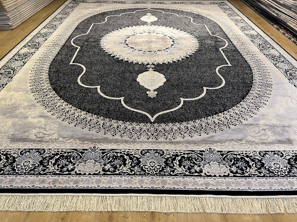 10x13 ft Black Classic Medallion Silk Rug with Gold Motifs, Big Silk Carpet