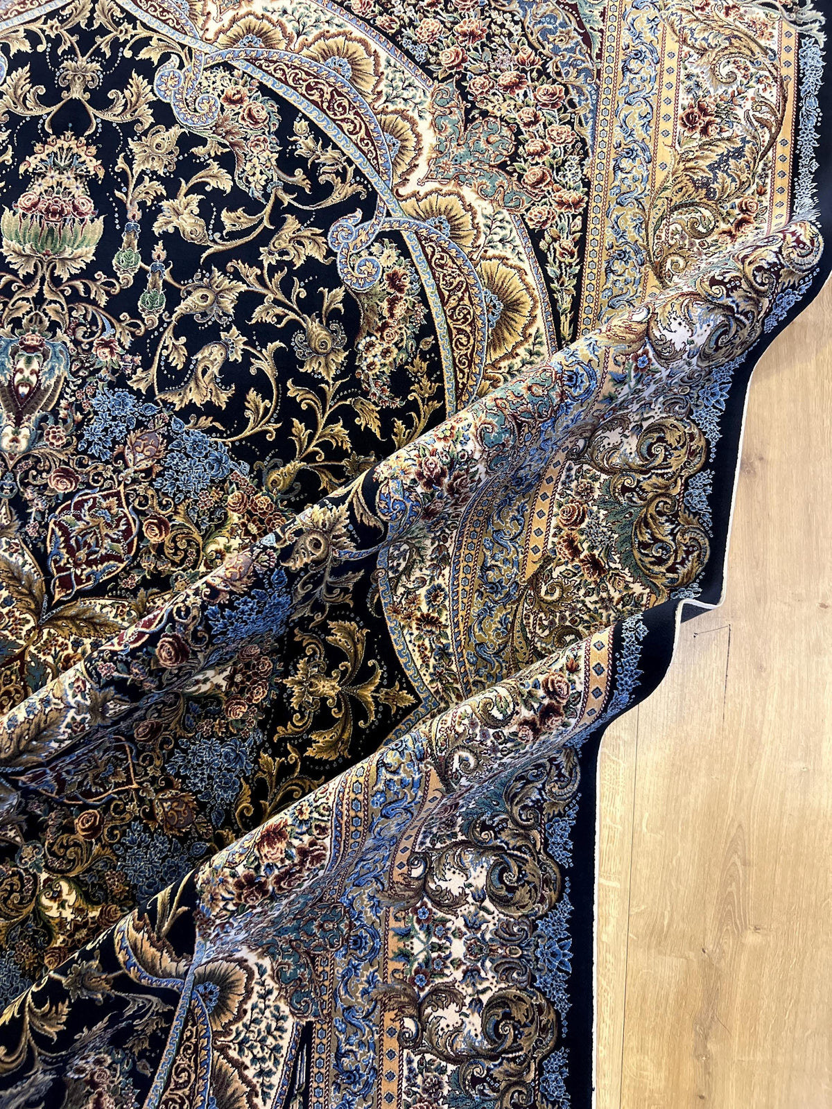 5x8 ft Black Blue Silk Carpet, Luxury Turkish Home Decor, Medallion Silk Rug