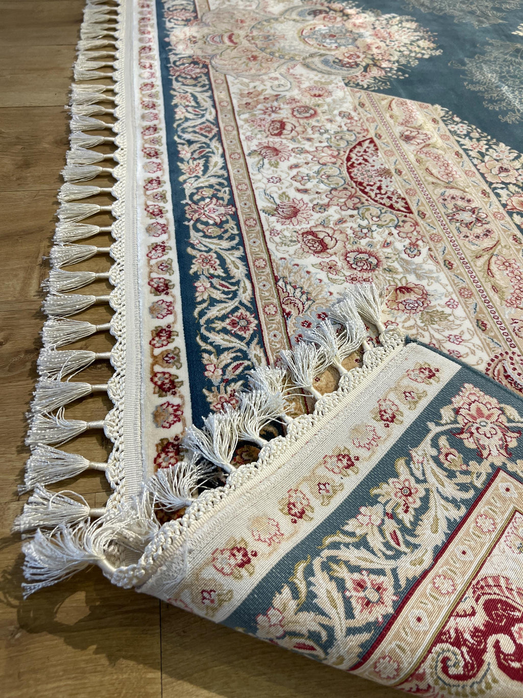 Blue Beige Silk Palace Rug, 8x11 ft, Traditional Turkish Carpet